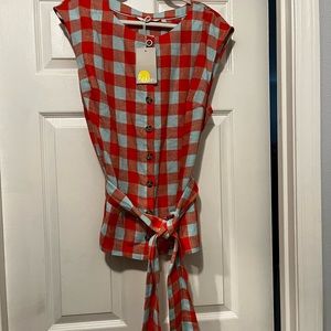 Boden Linen sleeveless top Size 14. Red/orange and light turquoise checks.
